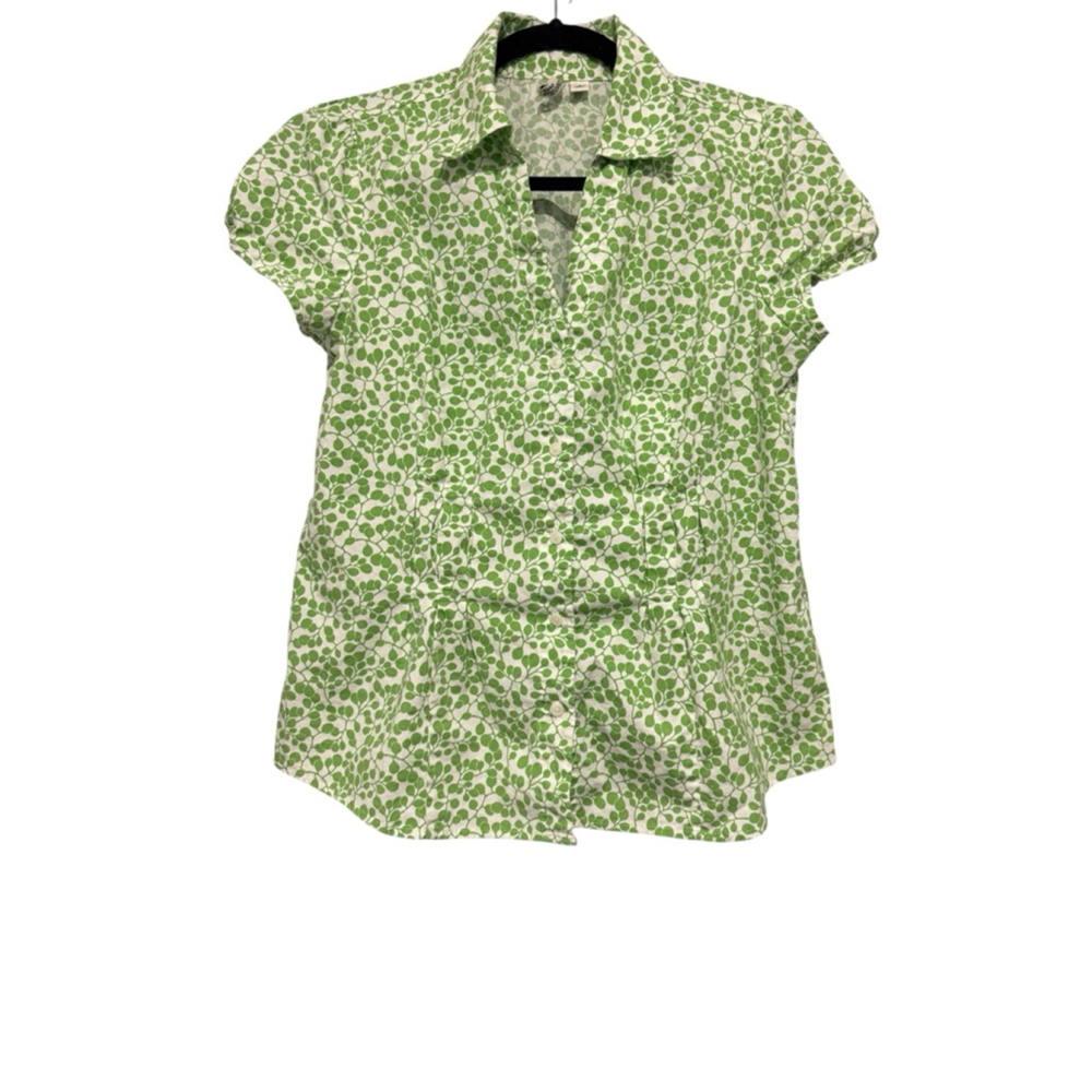 Green Leaf-Print Short Sleeve Women's Blouse